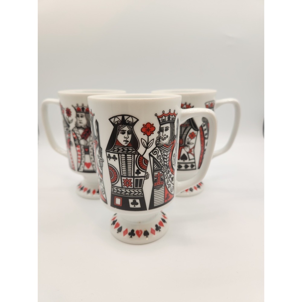 3 Vintage Royal Crown Kings Queen Playing Card Coffee Footed Mugs